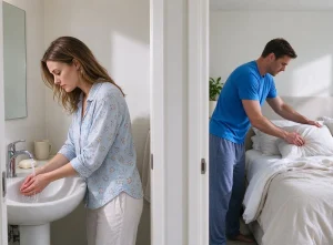 אישה בוגרת שוטפת ידיים בכיור בחדר הרחצה בזמן שבן זוגה מסדר כריות בחדר הסמוך